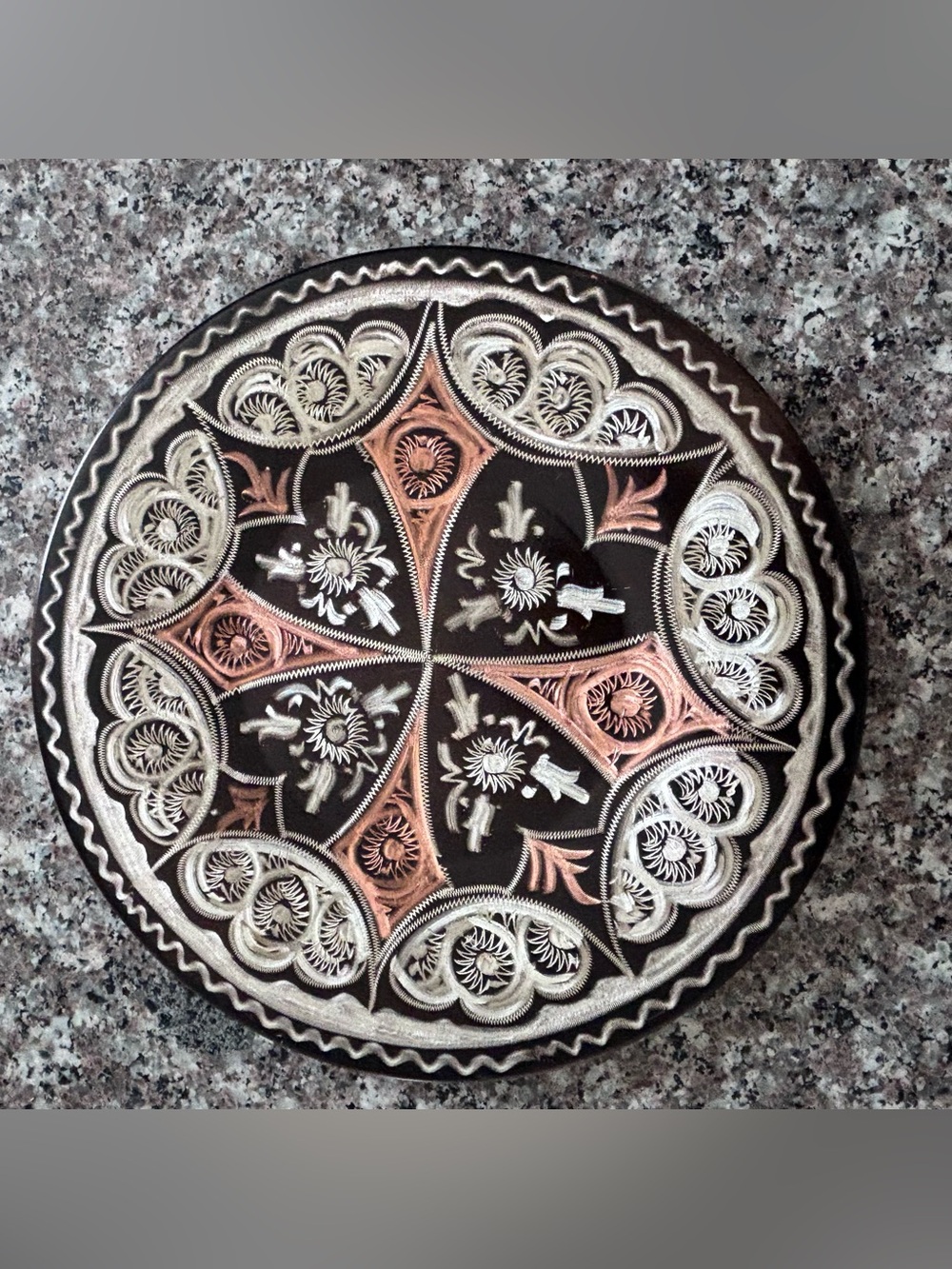 VTG 1940s Turkish 7.5”Copper Etched Artisan Hand Made Tray Excellent Wall Hanger